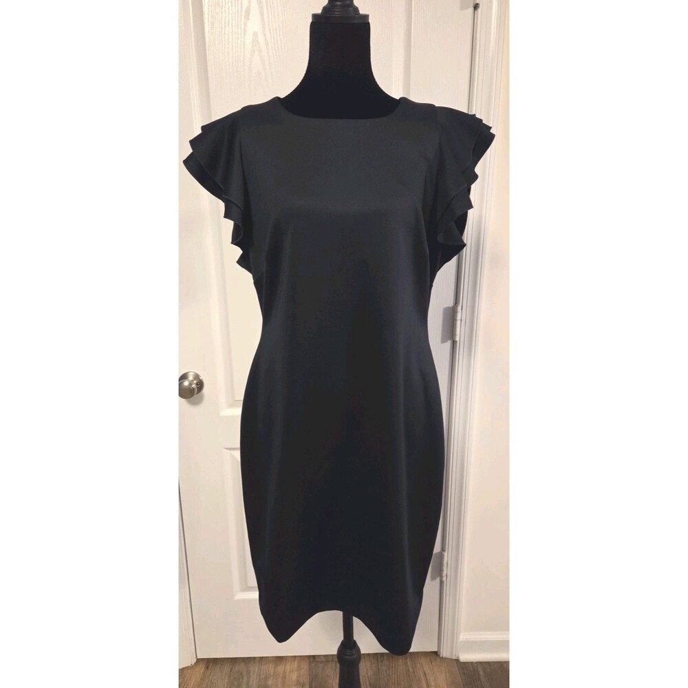 Tommy Hilfiger Scuba Crew Neck Flutter Ruffle Cap Sleeve Navy Dress Size 12